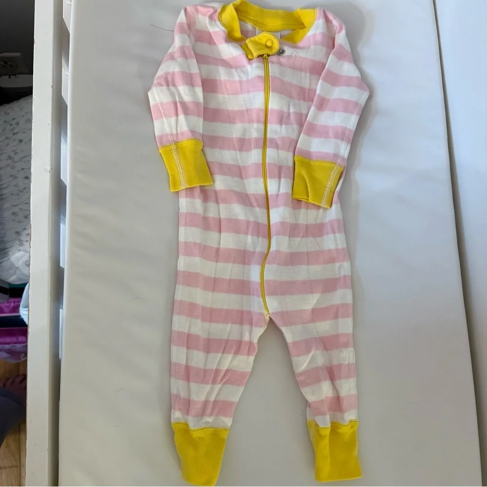 Hanna Andersson Pink and White Striped Pajamas with Yellow Accents, 6-9 Months